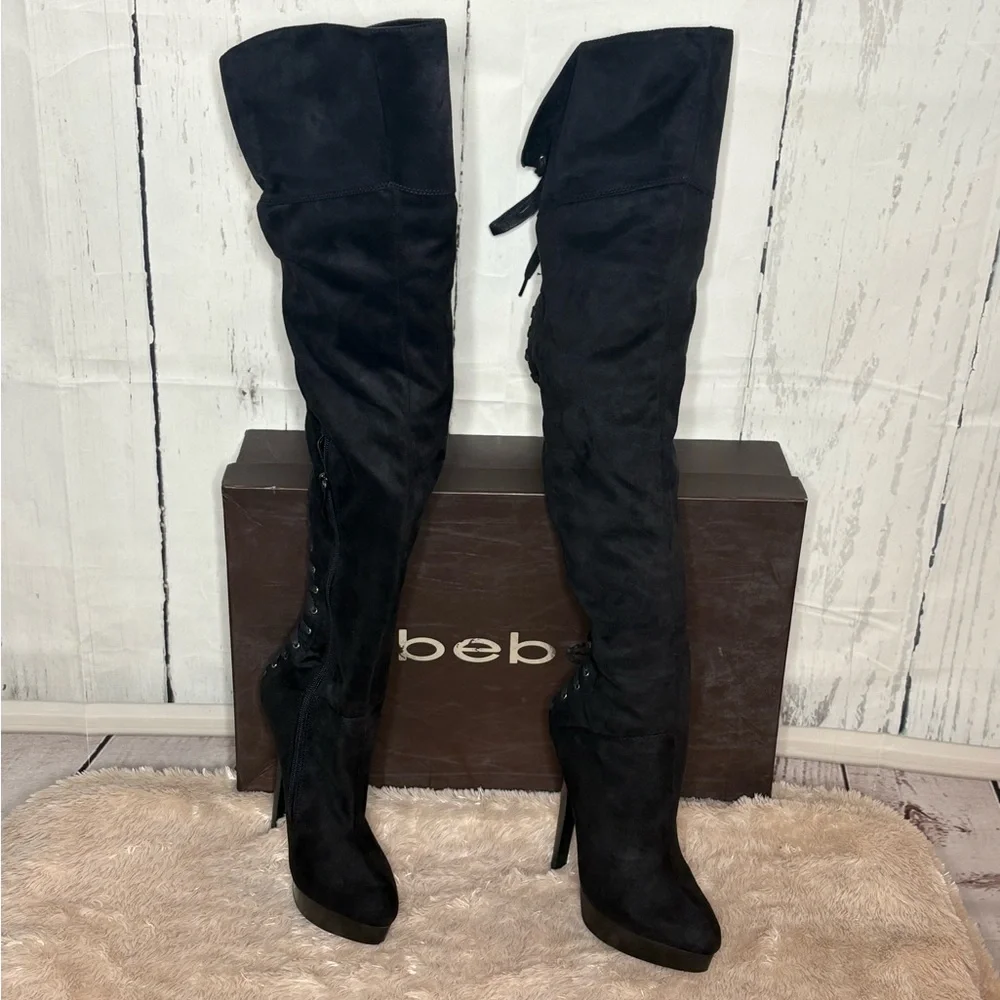bebe Black Lace-Up Over-the-Knee Stiletto Boots